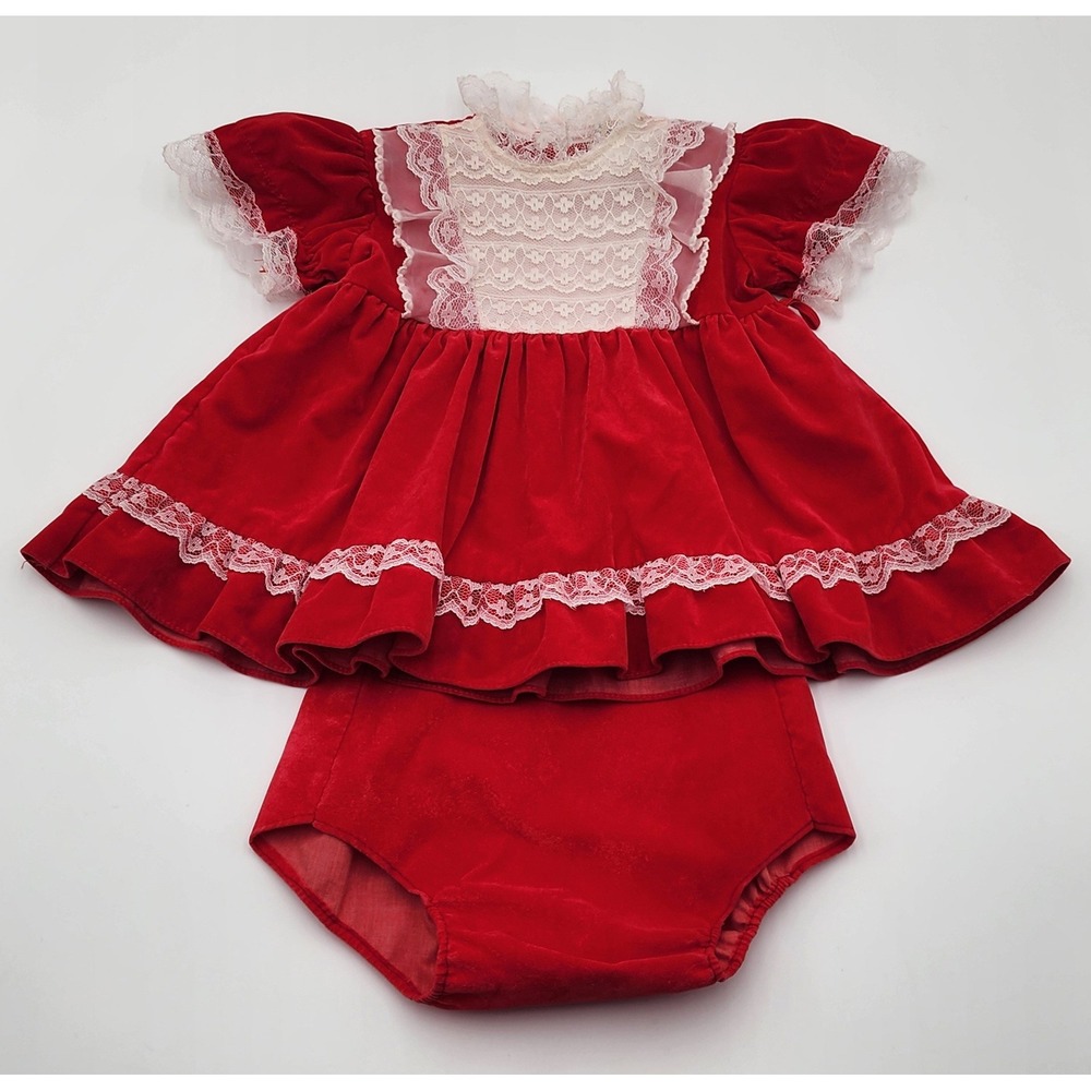 Vintage Red Velvet Lace Baby Dress Set Holiday Christmas Outfit 9 Months USA